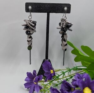 Chic Black and Silver Geometric Dangle Earrings with Crystals